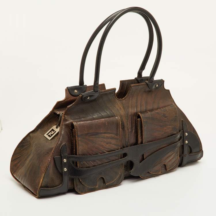 Pre Owned Fendi Vintage Devil Trapezio Brown Leather Shoulder Bag