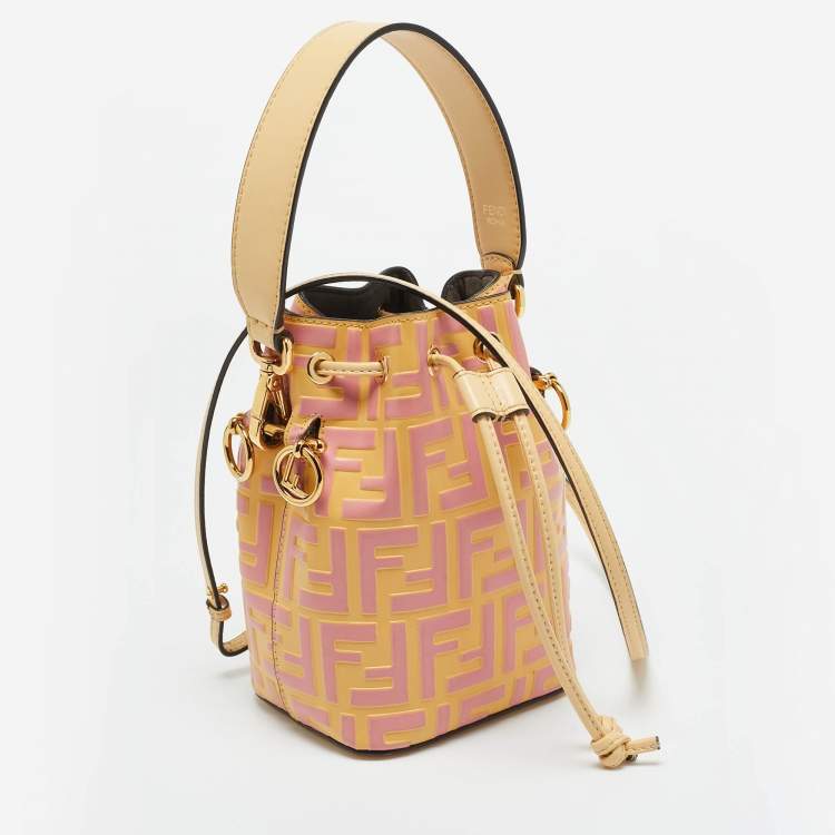 Pre Owned Fendi Mon Tresor Mini Yellow/Pink FF Leather Drawstring Bucket Bag