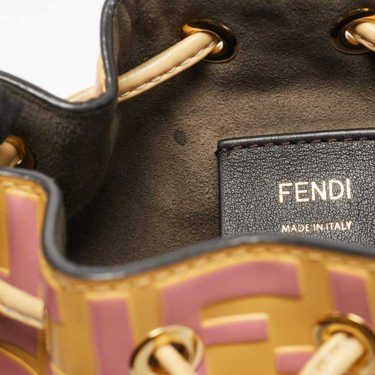 Pre Owned Fendi Mon Tresor Mini Yellow/Pink FF Leather Drawstring Bucket Bag