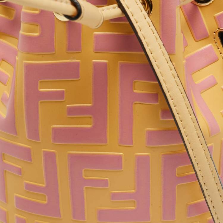 Pre Owned Fendi Mon Tresor Mini Yellow/Pink FF Leather Drawstring Bucket Bag