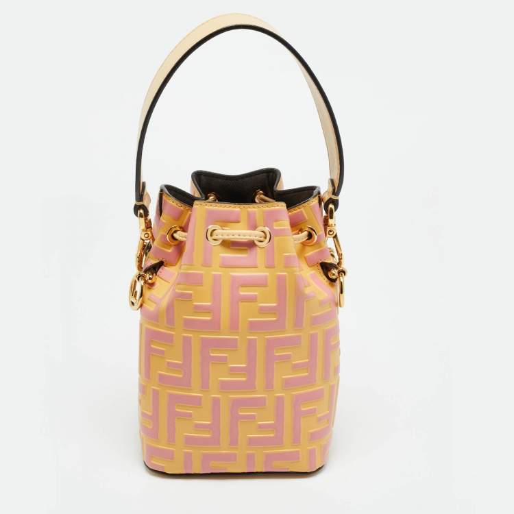 Pre Owned Fendi Mon Tresor Mini Yellow/Pink FF Leather Drawstring Bucket Bag