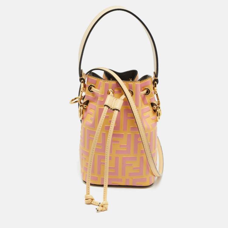 Pre Owned Fendi Mon Tresor Mini Yellow/Pink FF Leather Drawstring Bucket Bag