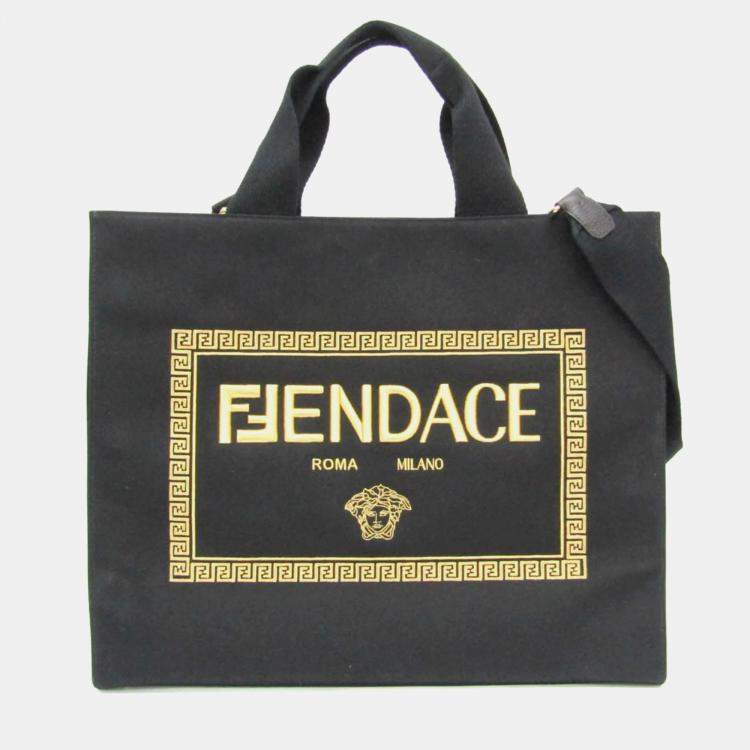 Pre Owned Fendi x Versace Fendace Gold Black Canvas Tote Bag