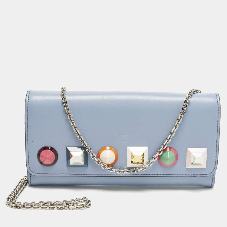 Pre Owned Fendi Studded Light Blue Leather Wallet On Chain