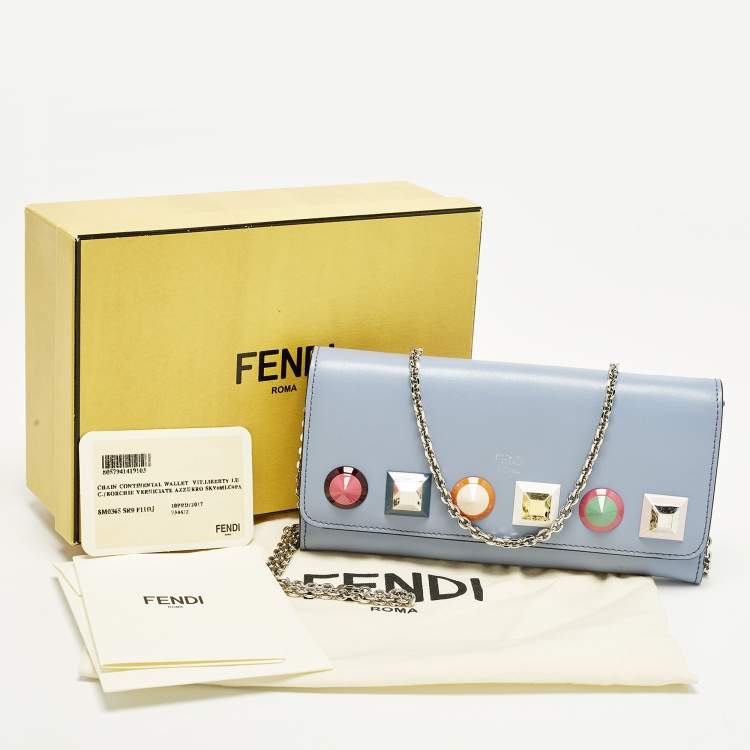 Pre Owned Fendi Studded Light Blue Leather Wallet On Chain