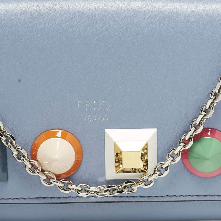 Pre Owned Fendi Studded Light Blue Leather Wallet On Chain