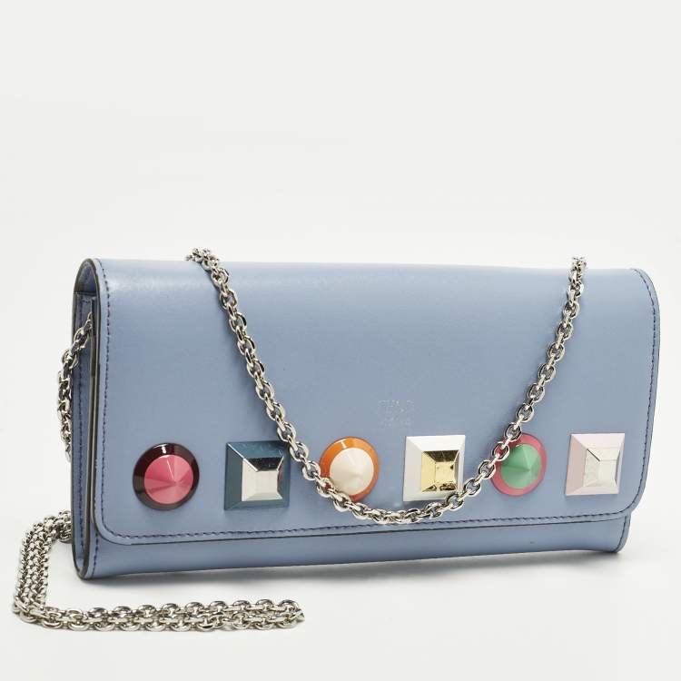 Pre Owned Fendi Studded Light Blue Leather Wallet On Chain