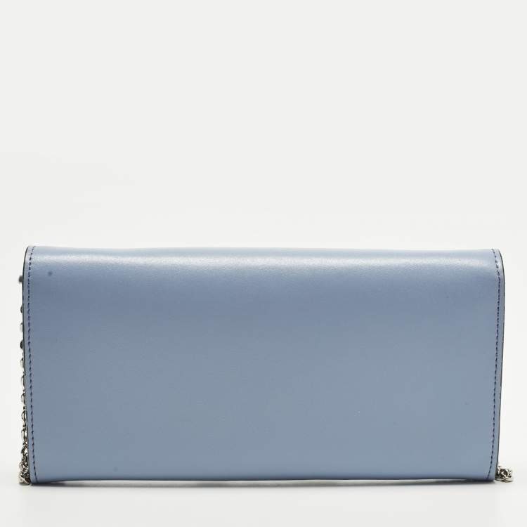 Pre Owned Fendi Studded Light Blue Leather Wallet On Chain