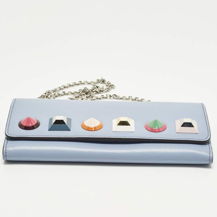 Pre Owned Fendi Studded Light Blue Leather Wallet On Chain