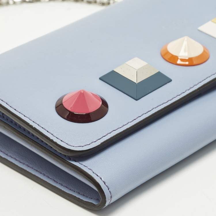 Pre Owned Fendi Studded Light Blue Leather Wallet On Chain