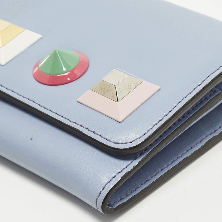 Pre Owned Fendi Studded Light Blue Leather Wallet On Chain
