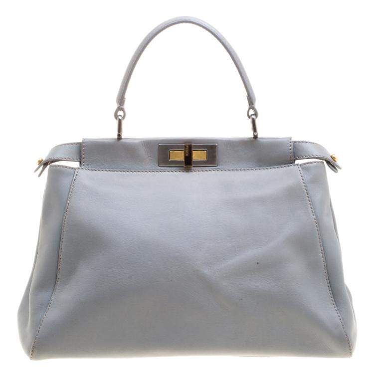 Pre Owned Fendi Grey Leather Medium Peekaboo Top Handle Bag