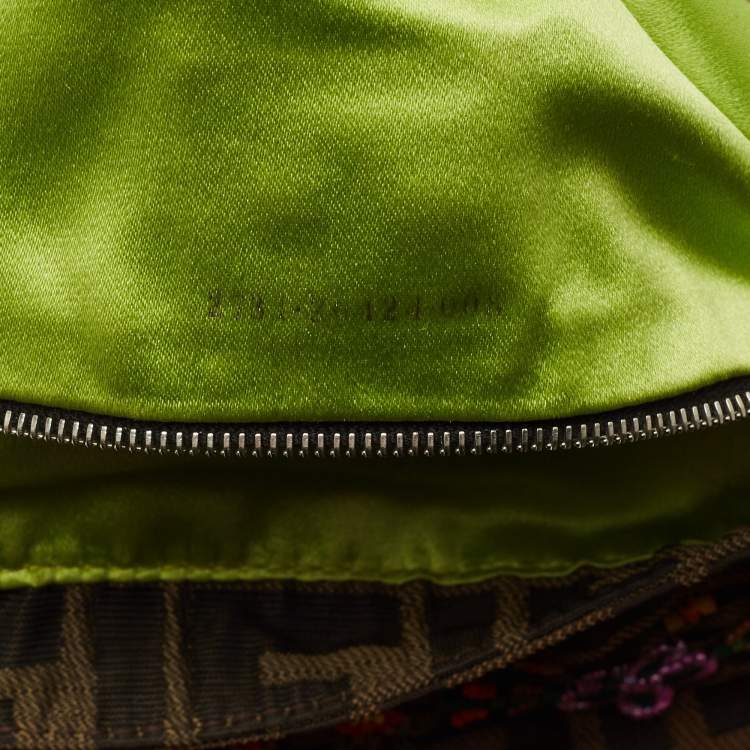 Pre Owned Fendi Beaded Baguette Tobacco/Green Zucca Canvas and Lizard Flap Bag