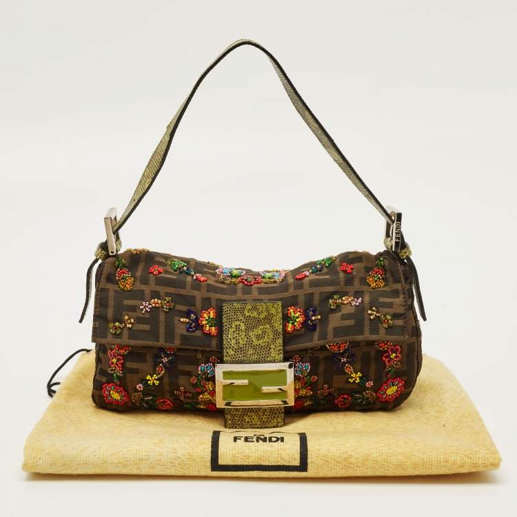Pre Owned Fendi Beaded Baguette Tobacco/Green Zucca Canvas and Lizard Flap Bag
