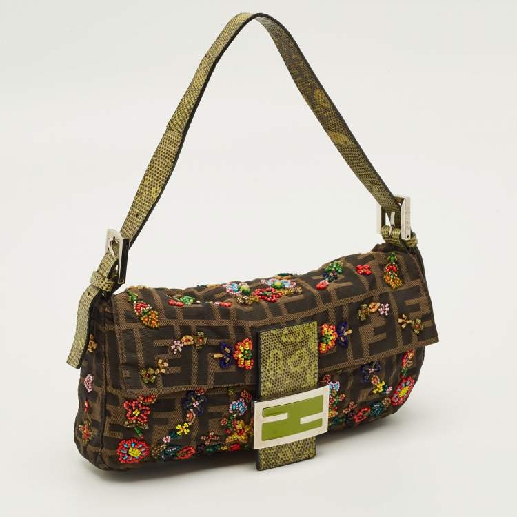 Pre Owned Fendi Beaded Baguette Tobacco/Green Zucca Canvas and Lizard Flap Bag