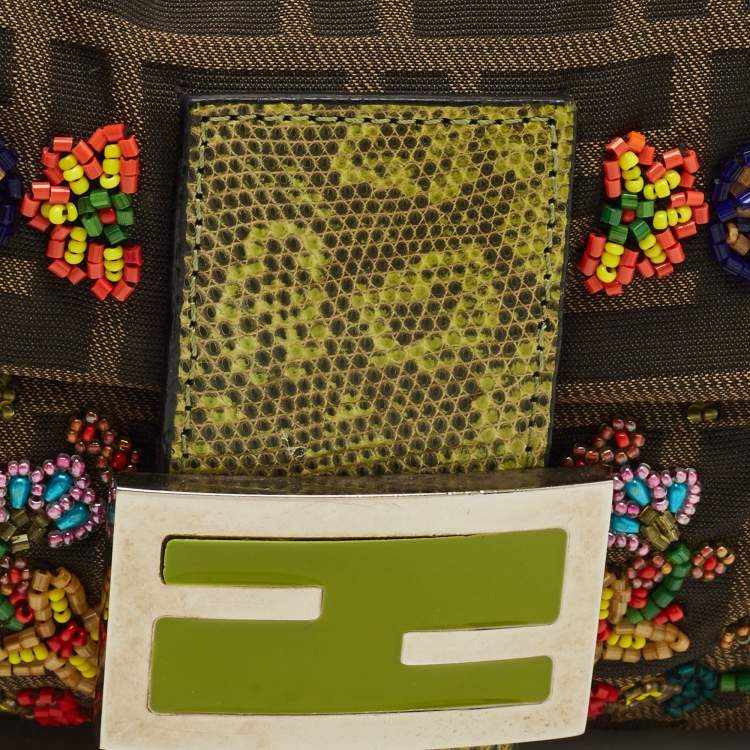 Pre Owned Fendi Beaded Baguette Tobacco/Green Zucca Canvas and Lizard Flap Bag