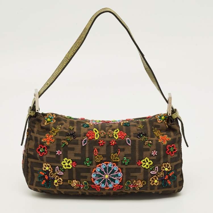 Pre Owned Fendi Beaded Baguette Tobacco/Green Zucca Canvas and Lizard Flap Bag