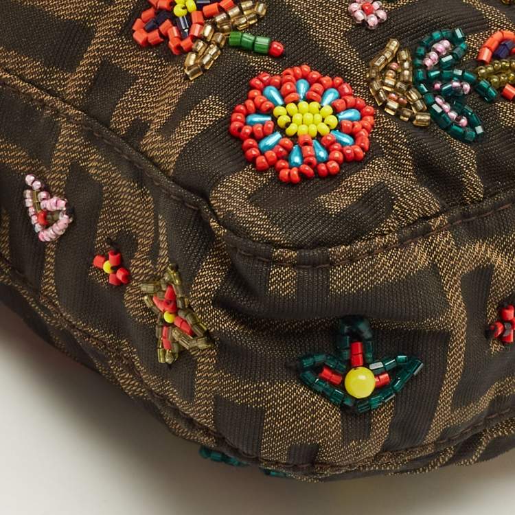 Pre Owned Fendi Beaded Baguette Tobacco/Green Zucca Canvas and Lizard Flap Bag