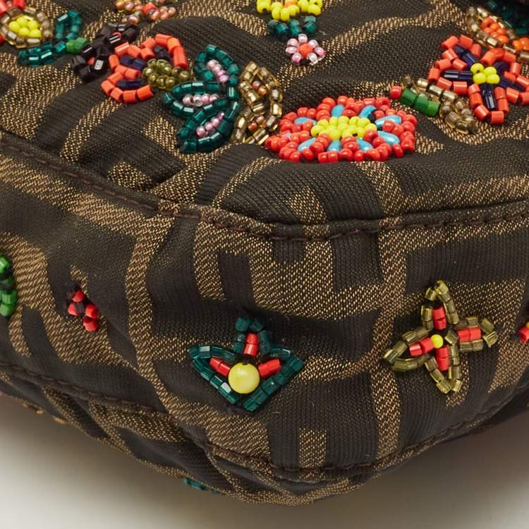 Pre Owned Fendi Beaded Baguette Tobacco/Green Zucca Canvas and Lizard Flap Bag