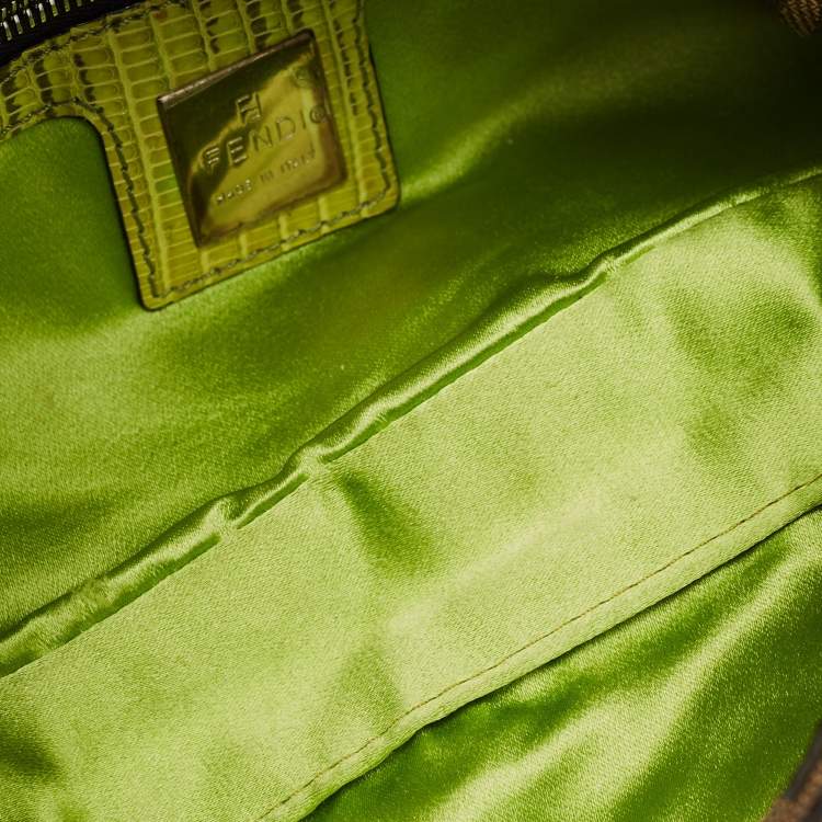 Pre Owned Fendi Beaded Baguette Tobacco/Green Zucca Canvas and Lizard Flap Bag