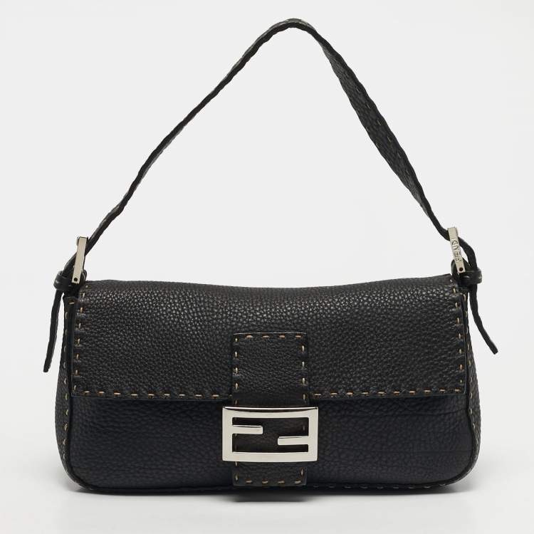 Pre Owned Fendi Baguette Black Selleria Leather Flap Bag