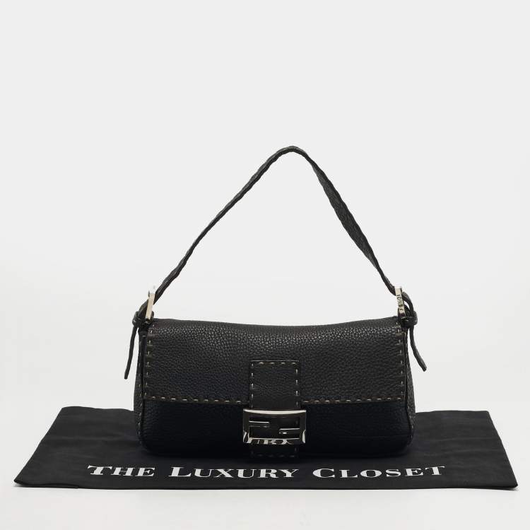 Pre Owned Fendi Baguette Black Selleria Leather Flap Bag
