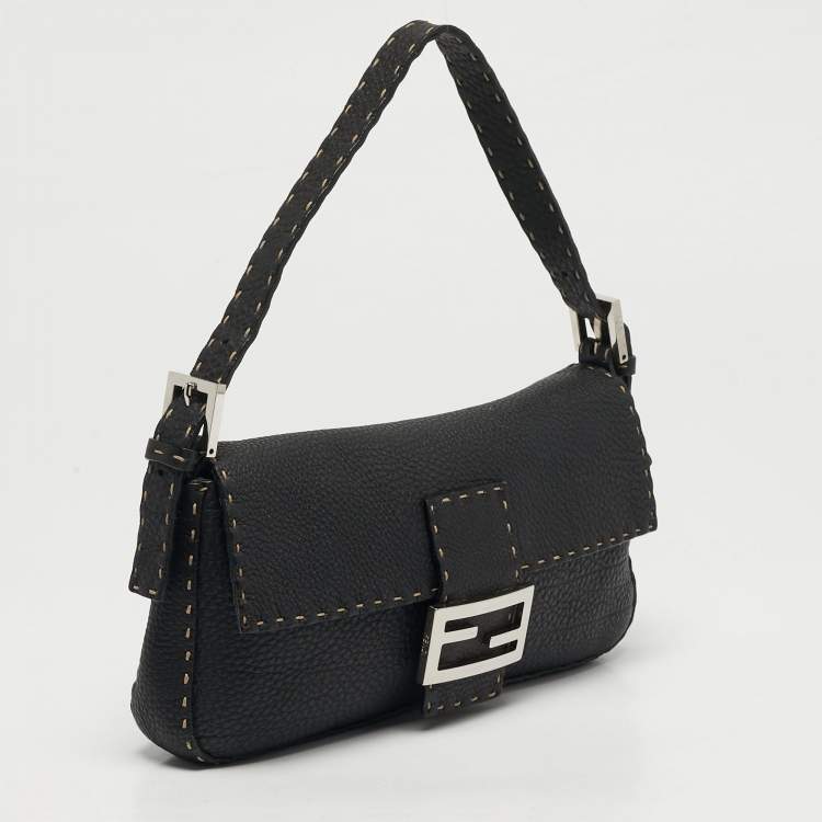 Pre Owned Fendi Baguette Black Selleria Leather Flap Bag