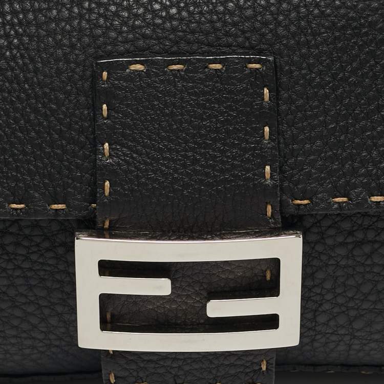 Pre Owned Fendi Baguette Black Selleria Leather Flap Bag