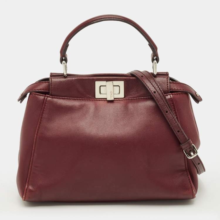 Pre Owned Fendi Peekaboo Mini Burgundy Leather Top Handle Bag