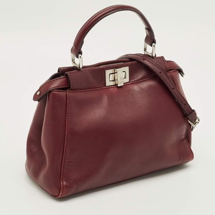 Pre Owned Fendi Peekaboo Mini Burgundy Leather Top Handle Bag