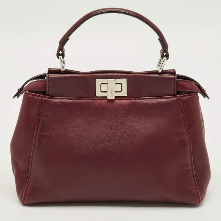 Pre Owned Fendi Peekaboo Mini Burgundy Leather Top Handle Bag
