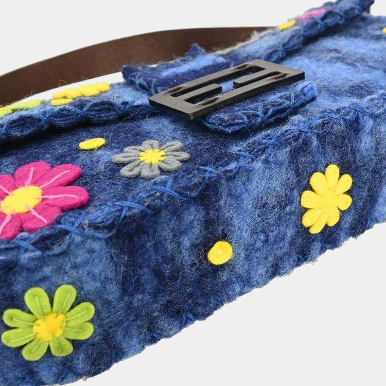 Pre Owned Fendi Baguette Patchwork Blue Felt Shoulder Bag