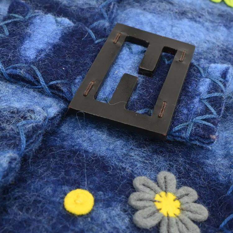 Pre Owned Fendi Baguette Patchwork Blue Felt Shoulder Bag