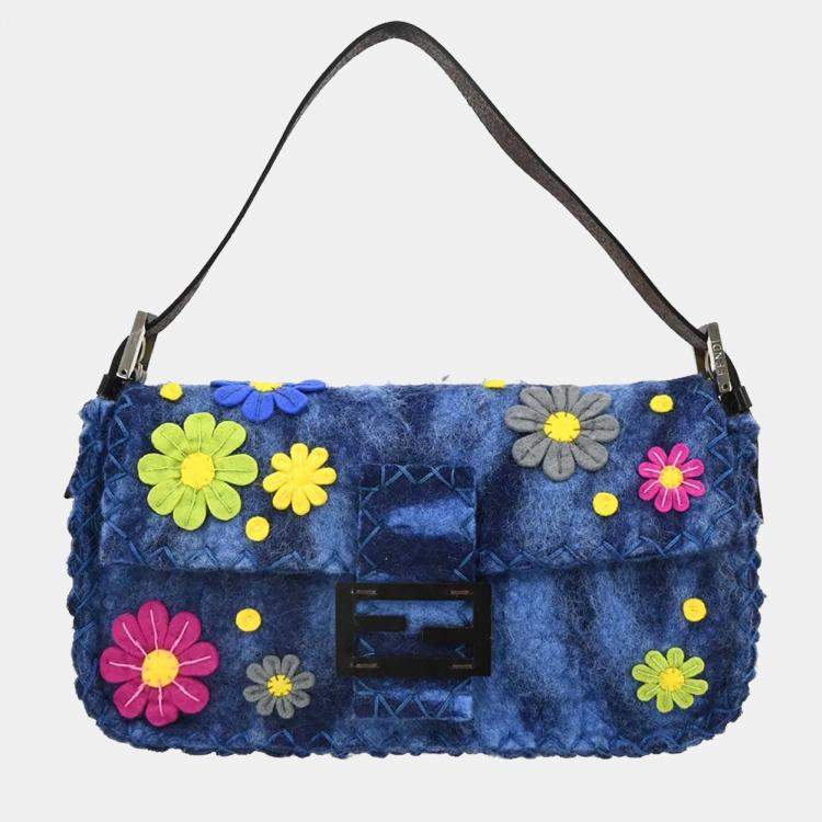 Pre Owned Fendi Baguette Patchwork Blue Felt Shoulder Bag