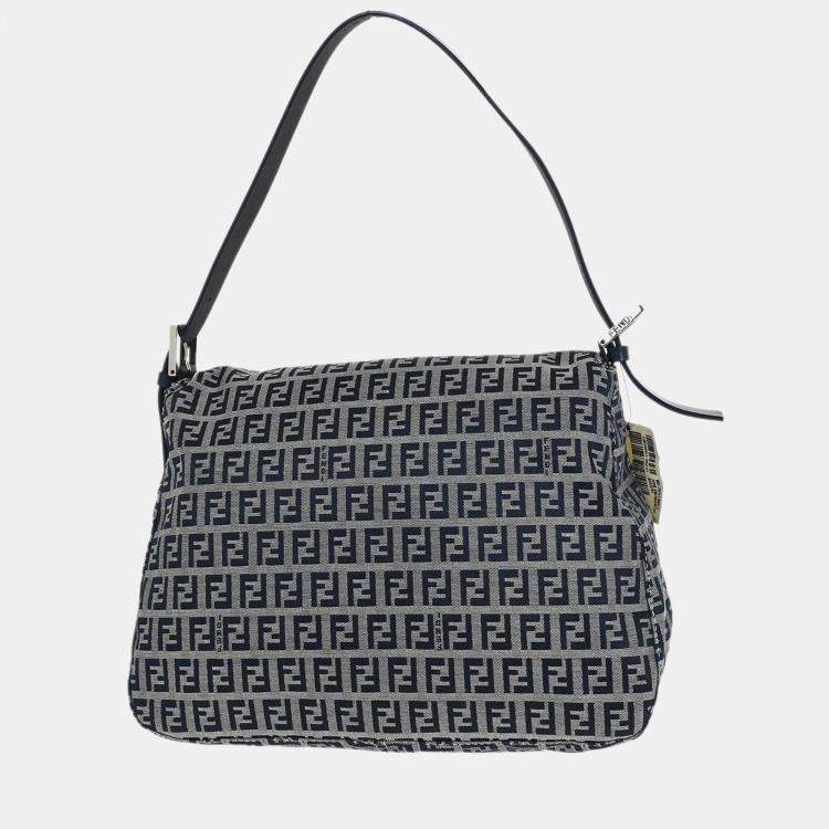 Pre Owned Fendi Mamma Baguette Navy Gray Zucchino Canvas Shoulder Bag