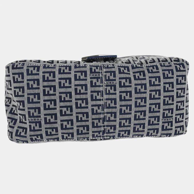 Pre Owned Fendi Mamma Baguette Navy Gray Zucchino Canvas Shoulder Bag