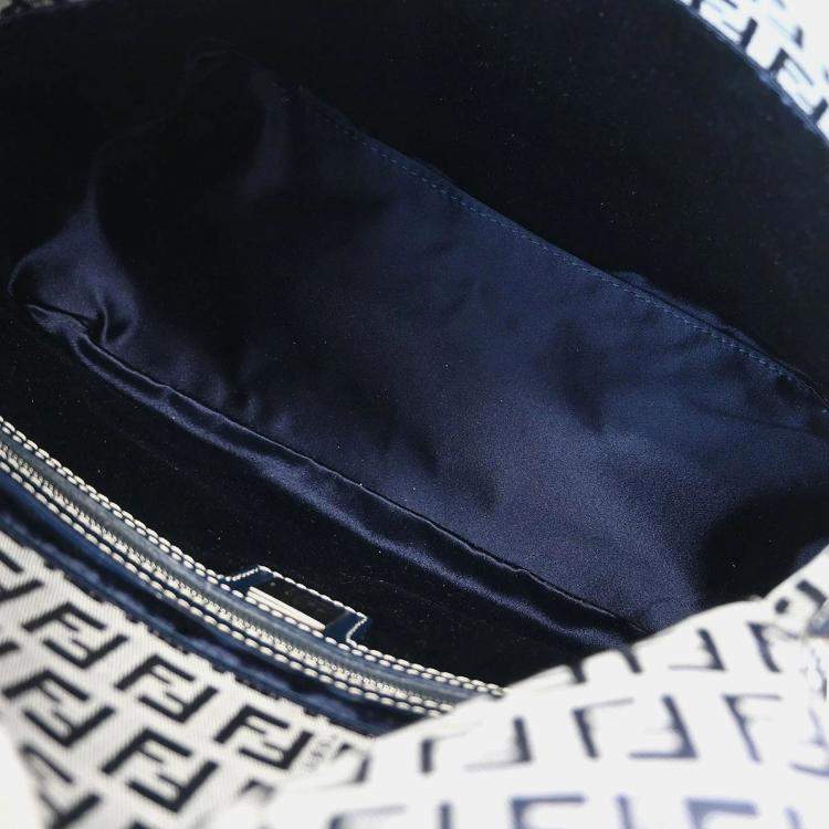 Pre Owned Fendi Mamma Baguette Navy Gray Zucchino Canvas Shoulder Bag