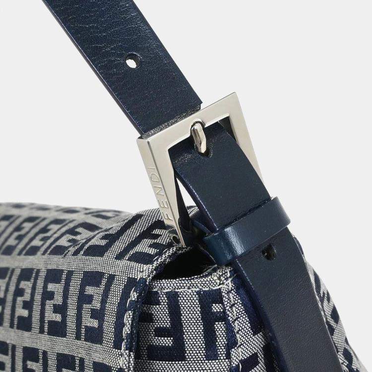 Pre Owned Fendi Mamma Baguette Navy Gray Zucchino Canvas Shoulder Bag