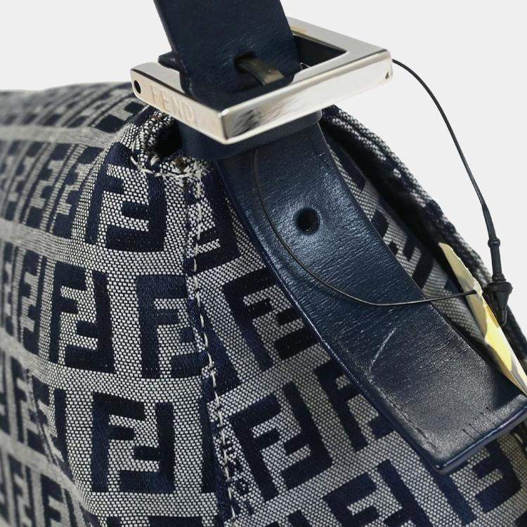 Pre Owned Fendi Mamma Baguette Navy Gray Zucchino Canvas Shoulder Bag