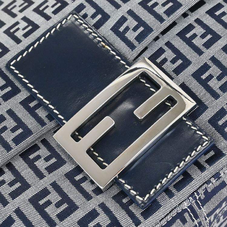 Pre Owned Fendi Mamma Baguette Navy Gray Zucchino Canvas Shoulder Bag