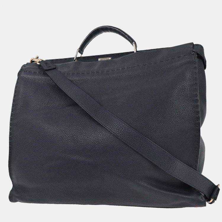 Pre Owned Fendi Peekaboo Fit Monster Navy Calfskin Leather Top Handle Bag