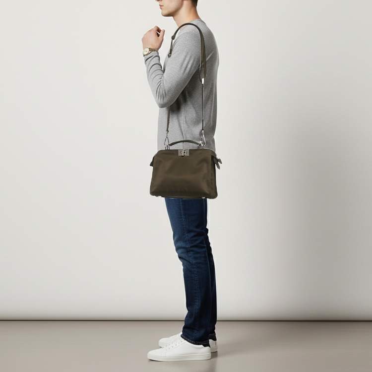 Pre Owned Fendi Peekaboo Iseeu Small Olive Green Nylon Top Handle Bag