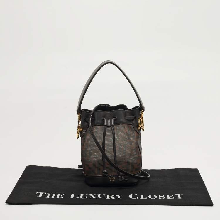 Pre Owned Fendi Mon Tresor Mini Dark Brown FF Mesh Nylon and Leather Bucket Bag