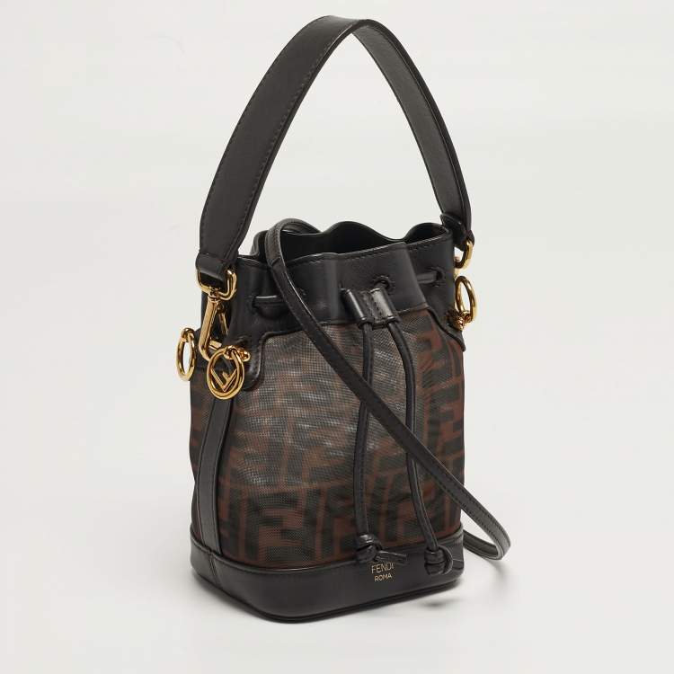 Pre Owned Fendi Mon Tresor Mini Dark Brown FF Mesh Nylon and Leather Bucket Bag