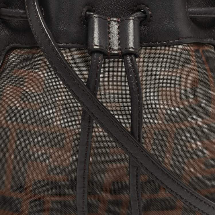 Pre Owned Fendi Mon Tresor Mini Dark Brown FF Mesh Nylon and Leather Bucket Bag