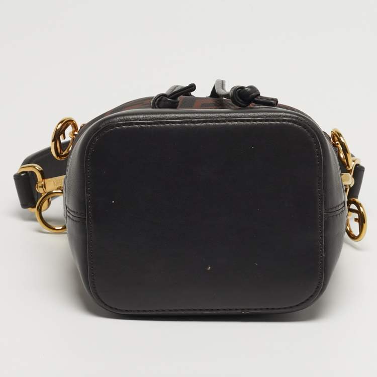 Pre Owned Fendi Mon Tresor Mini Dark Brown FF Mesh Nylon and Leather Bucket Bag