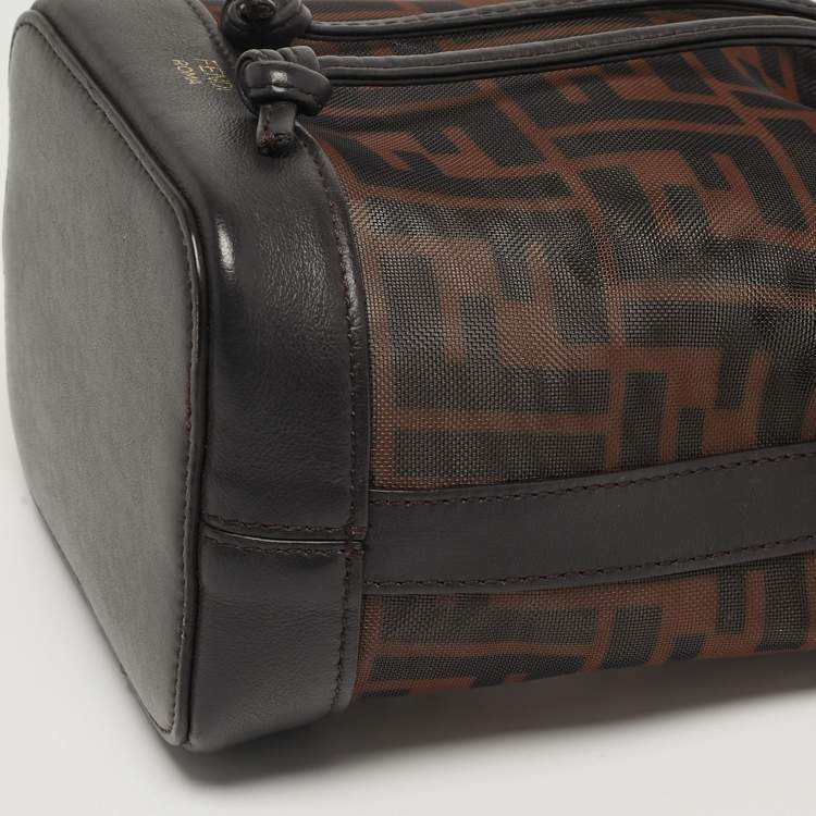 Pre Owned Fendi Mon Tresor Mini Dark Brown FF Mesh Nylon and Leather Bucket Bag