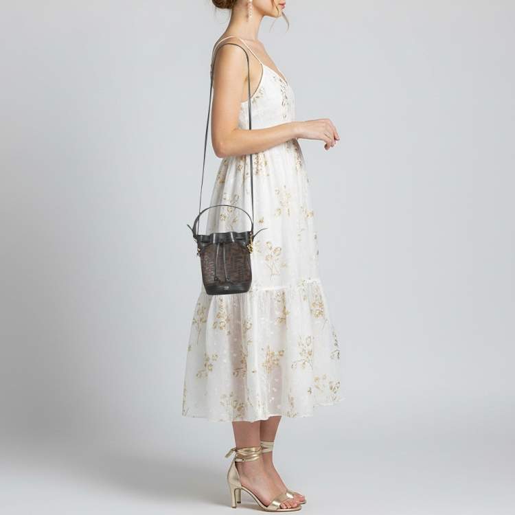 Pre Owned Fendi Mon Tresor Mini Dark Brown FF Mesh Nylon and Leather Bucket Bag