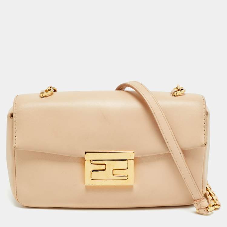 Pre Owned Fendi Be Baguette Mini Peach Leather Shoulder Bag