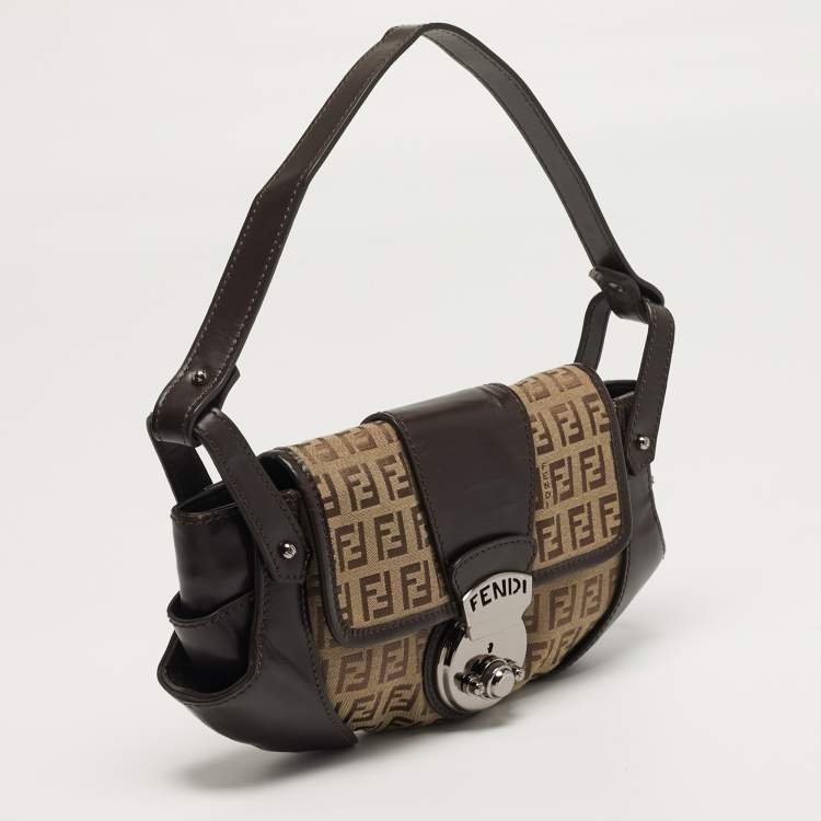 Pre Owned Fendi Compilation Baguette Brown/Beige Zucchino Canvas and Leather Bag